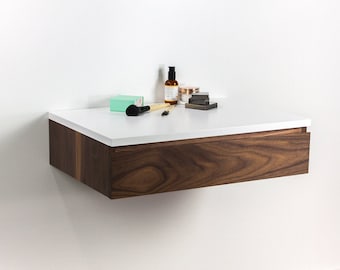 Blanca Solid Walnut Floating Make-up Vanity Drawer, Wall Mount Vanity Desk, Floating Bed Side Table