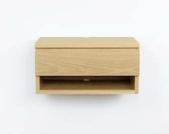 Solid White Oak Floating Nightstand Drawer Shelf, Wall Mount Bedside Table, Floating Dresser Vanity