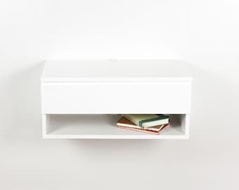Blanca White Floating Nightstand Drawer Shelf, Lacquer Coating High End Finish Floating Bed Side Table, Wall Mount End Table, 24IN Wide