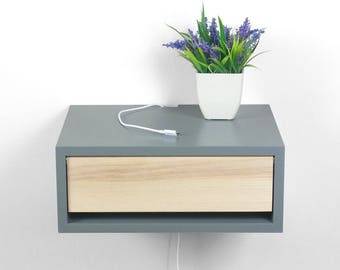 Devon Gray Contemporary Floating Nightstand, Floating Side Table, Bedside Table, Wall Mount Night Stand