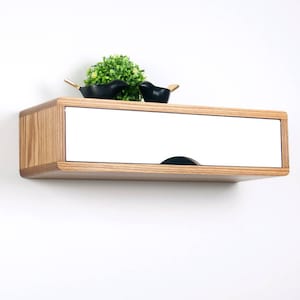 Natural Hardwood Minimalist Design Floating Shelf with Door, Mid-Century Modern, Retro Style Wall Cabinet