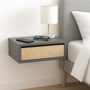 Devon Gray Contemporary Floating Nightstand, Lacquer Coating High End Finish Floating Side Table, Bedside Table, Wall Mount Night Stand