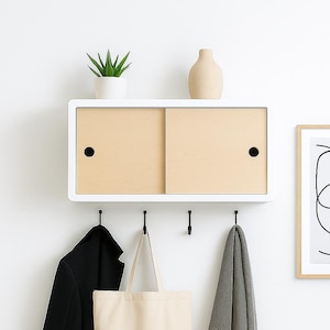 Minimalist Floating Shelf Solid Hardwood Sliding Door, Premium Lacquer Coating High End Finish Wall Cabinet, Floating Storage Organizer