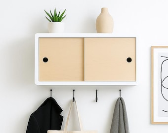Minimalist Floating Shelf Solid Hardwood Sliding Door, Premium Lacquer Coating High End Finish Wall Cabinet, Floating Storage Organizer