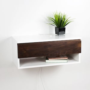 Blanca Walnut Floating Nightstand, Lacquer Coating High End Finish Wall Mount Dressing Table, Floating Bedside Table with Drawer and Shelf