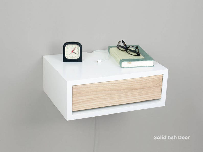 Contemporary Nightstand, Floating Nightstand, Side Table, Bedside Table, Wall Mount Night Stand with a Door Solid Ash