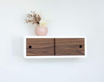 Mid-Century Modern Floating Shelf, Hardwood Sliding Door Cabinet, Lacquer Coating High End Finish, Modern Small Wall Mount Cabinet