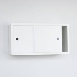White Lacquer Finished Minimalist White Floating Shelf with Sliding Door, Modern Wall Cabinet, Floating Storage