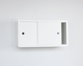 White Lacquer Finished Minimalist White Floating Shelf with Sliding Door, Modern Wall Cabinet, Floating Storage