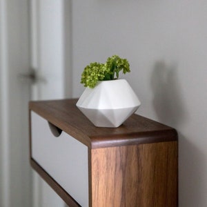 May include: A white geometric vase holding green flowers sits on a floating wooden shelf with a white drawer. The shelf has a dark brown top and sides, with a light brown front. The vase is a modern, minimalist design.