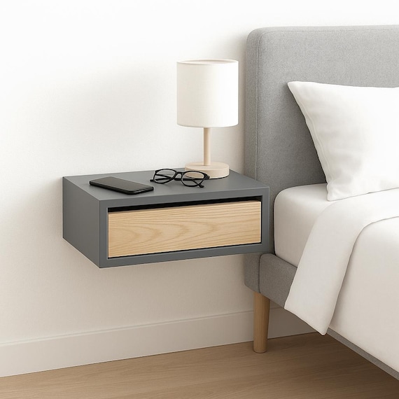 Gray Floating Nightstand, High End Lacquer Finish, Scandinavian Bedside Table, Devon Gray Wall Mount Night Stand