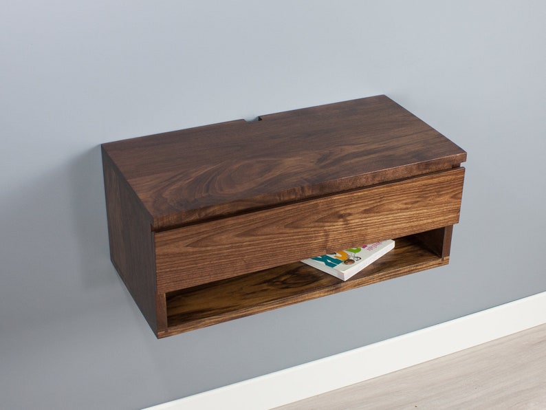 Solid Walnut Floating Nightstand Drawer Shelf Wall Mount Etsy Canada