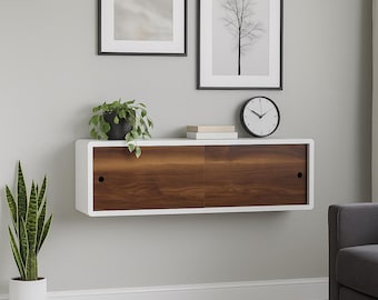 Floating Console Solid Walnut Sliding Doors, High-end Finish Floating Credenza, Premium Wall Mount Storage Cabinet