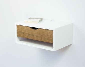 Aren Danish Floating Nightstand Drawer with Open Shelf, Wall Mount Night Stand, Floating Bedside Table