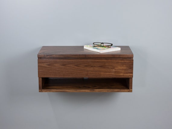 Solid Walnut Floating Nightstand Drawer Shelf Wall Mount Bedside