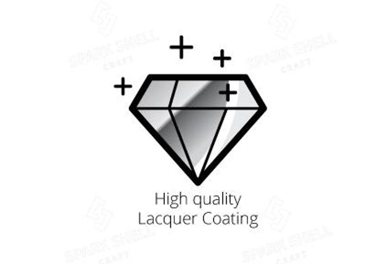 May include: A black and white illustration of a diamond with four plus signs around it. The text "High quality Lacquer Coating" is below the diamond.