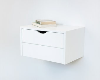 Aren Minimalist Floating Nightstand Drawers, Wall Mount End Table Drawers, White Lacqer Finish