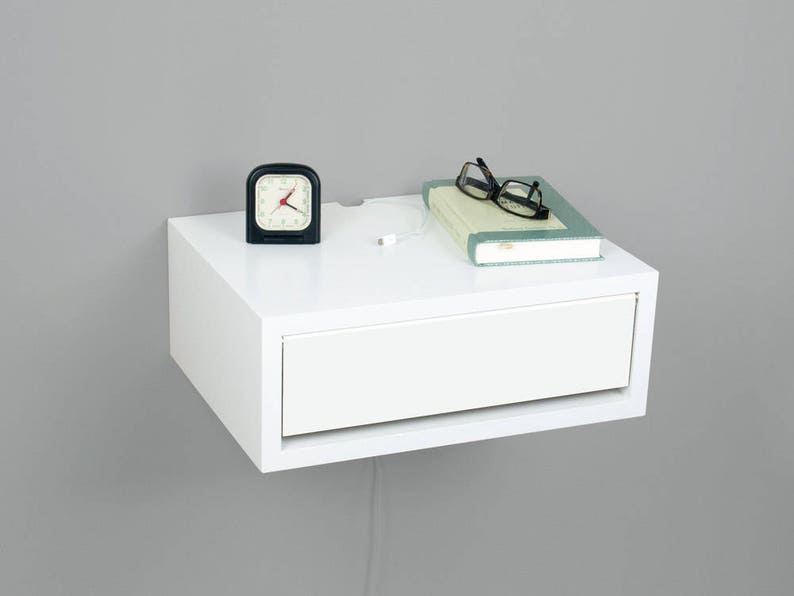 Contemporary Nightstand, Floating Nightstand, Side Table, Bedside Table, Wall Mount Night Stand with a Door White Flat
