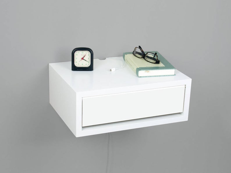 Contemporary Nightstand, Floating Nightstand, Side Table, Bedside Table, Wall Mount Night Stand with a Door White Flat