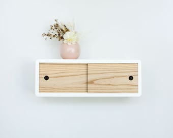 Modern Floating Shelf with Solid Hardwood Sliding Door, Lacquer Coating High End Finish Retro Style Floating Cabinet, Wall Mount Sideboard