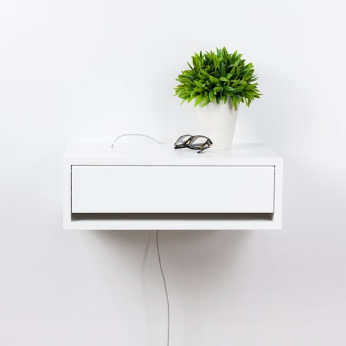 Denali White Floating Nightstand Wall Mount Bedside Table Etsy