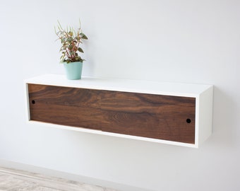 Modern Floating Shelf with Sliding Hardwood Door, Floating Credenza, Wall Mount Storage Cabinet