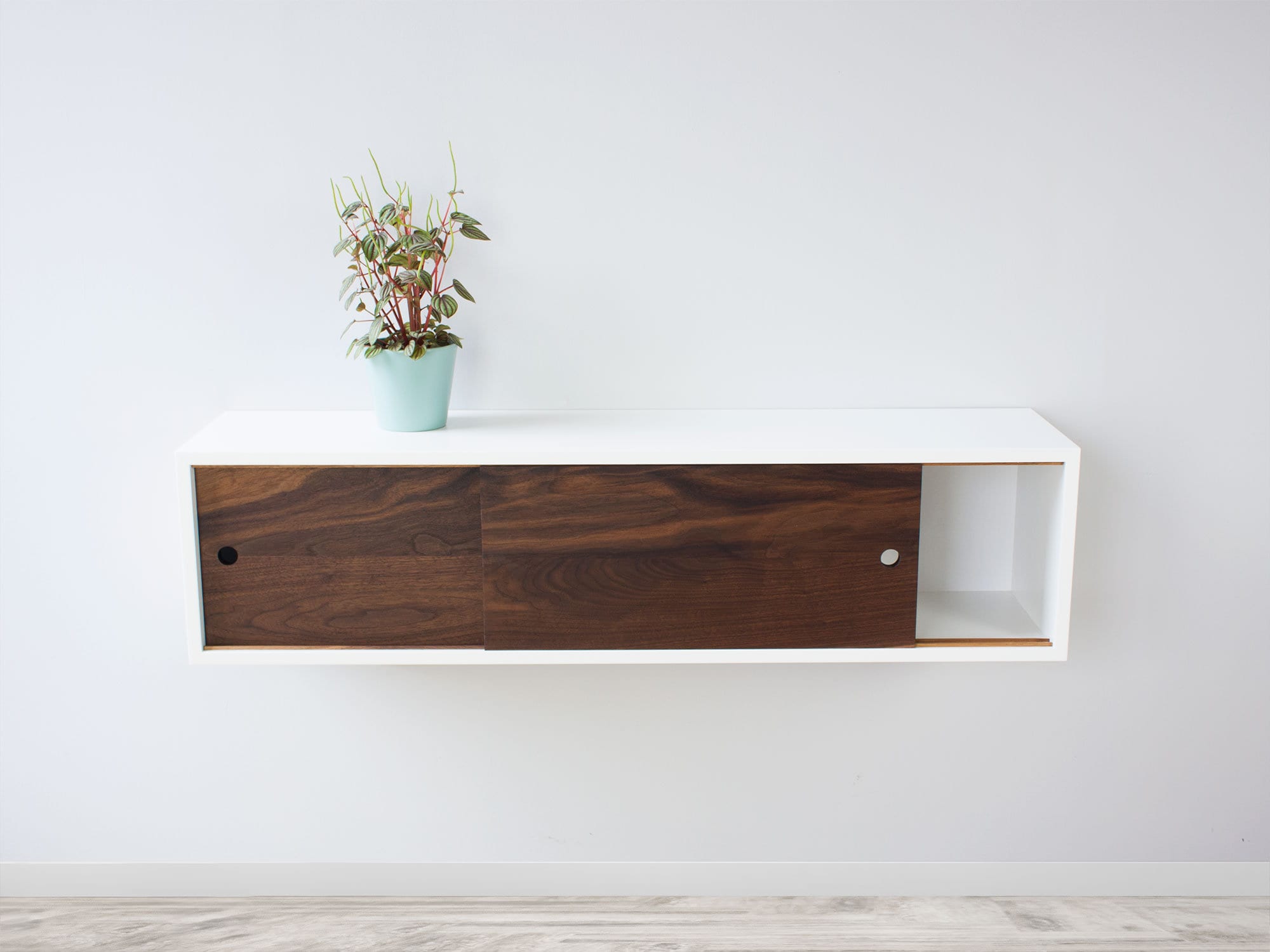 Modern Floating Shelf With Sliding Hardwood Door Floating
