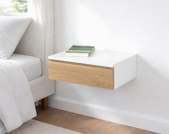 White Lacquer Floating Nightstand with Oak Drawer, Modern Wall Mount Small Bedside Table, Blanca Sleek Floating Nightstand Drawer
