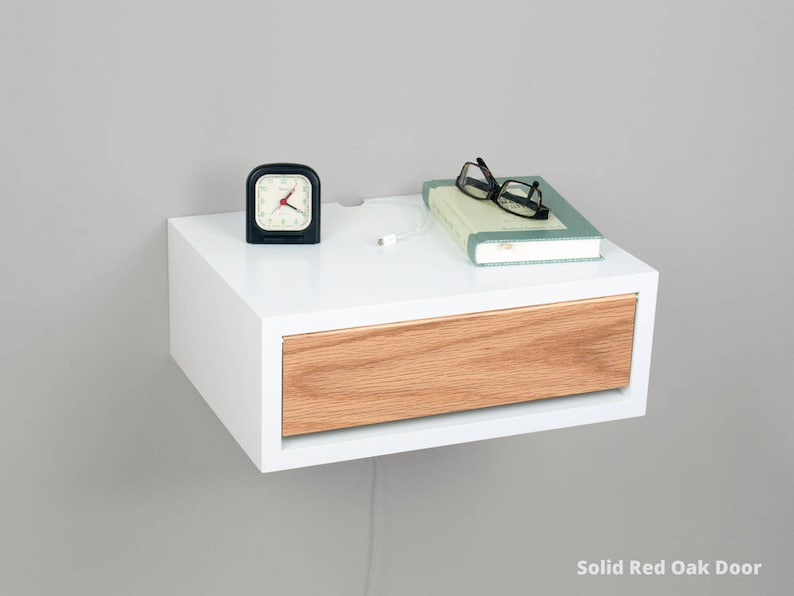 Contemporary Nightstand, Floating Nightstand, Side Table, Bedside Table, Wall Mount Night Stand with a Door Solid Red Oak