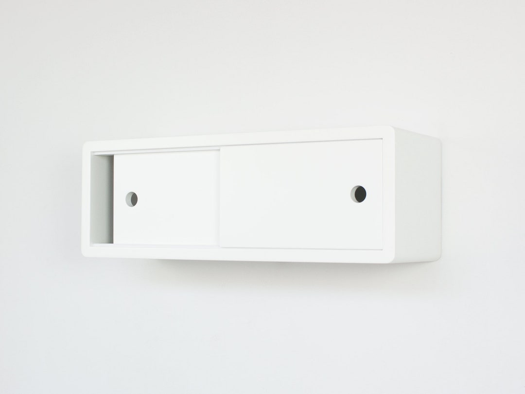 White Floating Shelf With Sliding Doors, Entryway Floating Shelf
