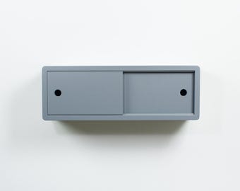 Gray Floating Shelf with Sliding Doors, Wall Mount Cabinet, Floating Sideboard, Bathroom Storage