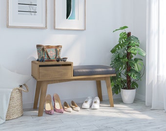 Mid Century Modern Solid Wood Bench with Storage Drawer, Custom Made