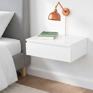 Blanca White Floating Nightstand Drawer, Lacquer Coating High End Finish Wall Mount Bedside Table, Floating End Table
