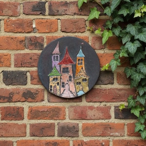 Colorful Raku Ceramic Wall Art – Handmade Pottery Plaque with Houses, 942