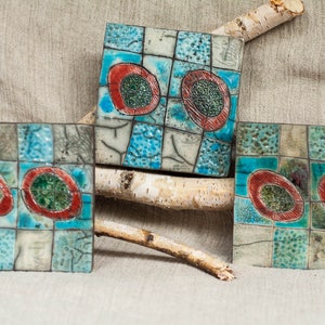 3 raku ceramic art tiles, wall decor, room decor, home decor, raku ceramic pictures, square ceramic tiles, handmade ceramic tiles, 684