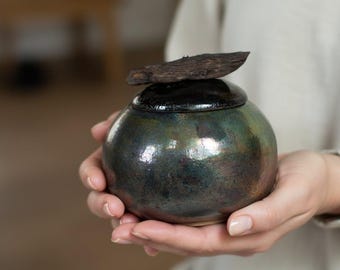 ターコイズ 楽焼陶器 蓋付きキッチンビン、ジュエリーボックス、収納