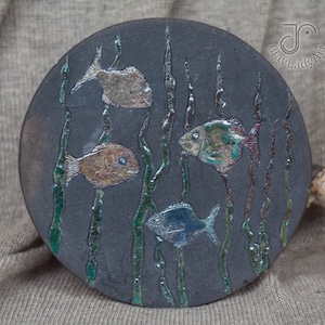 Ceramic wall decor, raku ceramic picture with fishes, ceramic tile, art tile, wall decoration, round ceramic tile, handmade tile, 303