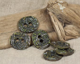 6 geen ceramic buttons, set of  buttons, round shaped buttons, sewing accessories, knitting accessories, artisitic ceramic fasteners, 927