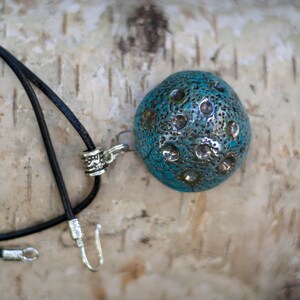 Turquoise and silver raku ceramic pendant, raku ceramic necklace, turquoise ceramic jewelry, round ceramic pendant with leather strap, OOAK