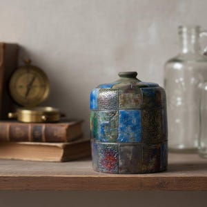 Może przedstawiać: Cylindryczny ceramiczny słoik z patchworkowym wzorem kwadratowych płytek w odcieniach niebieskiego, zielonego, brązowego i czerwonego. Powierzchnia posiada teksturowane, nakrapiane szkliwo o zróżnicowanym wykończeniu, w tym błyszczącym i matowym.