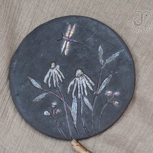 Ceramic art tile with flowers, raku ceramic picture, room decoration, ceramic wall decor, home decor, round raku ceramic tile, 533