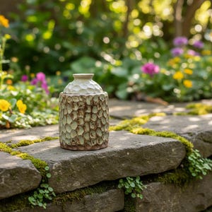 Op de afbeelding: Een keramische pot met deksel, met een gestructureerd, honingraatachtig patroon in groen- en bruintinten. De pot staat op een stenen muur met mos en groen, met een vage achtergrond van bloemen en bladeren.