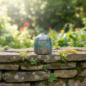 Może przedstawiać: Mały, okrągły ceramiczny słoik z pokrywką, wykończony szkliwem w odcieniach turkusu i miedzi. Zewnętrzna strona ozdobiona jest wygrawerowanymi rysunkami ryby i meduzy w otoczeniu pionowych wzorów wodorostów, z wąską szyjką i płaską, okrągłą pokrywką.