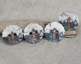 4 ceramic buttons with houses, sewing accessories, craft accessories, craft supplies, clay buttons, set of buttons, jewelry supplies, 725
