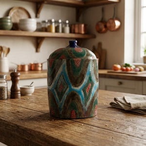 Może przedstawiać: Cylindryczny ceramiczny słoik do przechowywania z pokrywką, ozdobiony powtarzającym się wzorem brązowych, turkusowych i zielonych łuków oraz rombów z teksturowanymi czerwonymi akcentami. Słoik ma gładkie, błyszczące wykończenie i mały ciemnoniebieski uchwyt.