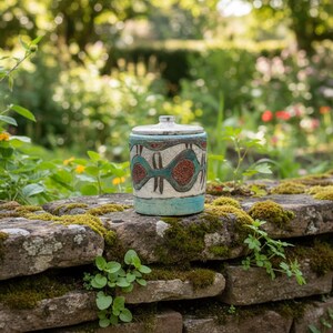 Op de afbeelding: Een keramische pot met deksel, versierd met turquoise en rode patronen op een crèmekleurige achtergrond. De pot staat op een met mos bedekte stenen muur, met een vage tuin op de achtergrond.