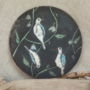 Ceramic wall decor with birds, raku ceramic picture, ceramic tile, art tile, wall decoration, round ceramic tile, handmade tile, 915