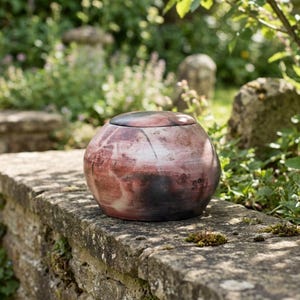 Op de afbeelding: Een ronde, met de hand gedraaide keramische pot met deksel, voorzien van een gevlekte afwerking in tinten terracotta, houtskool en crème. Het oppervlak vertoont organische, rokerige markeringen en een glad, afgerond silhouet met een platte voet.