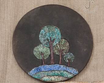 Raku ceramic art tile with trees, wall decor, room decor, home decor, raku ceramic picture, round ceramic tile, handmade ceramic tile, 486
