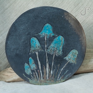 Raku ceramic art tile with mushrooms, wall decor, room decor, home decor, ceramic picture, round ceramic tile, handmade tile, 589